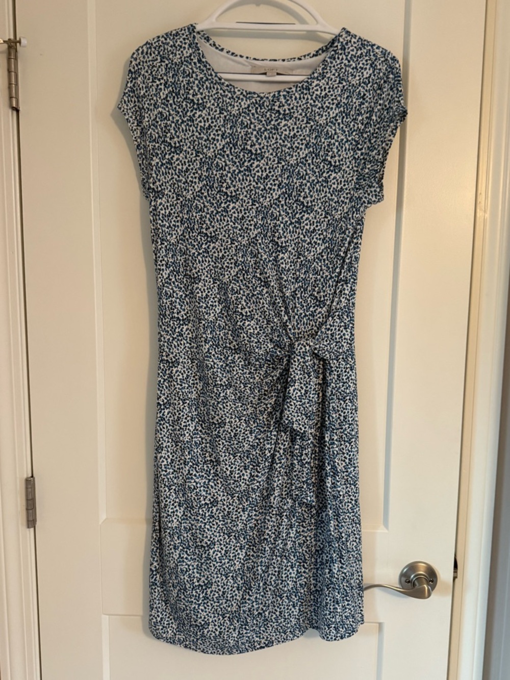 LOFT Petite Dress MP Blue White Print Side Tie Short Sleeve Casual Workwear